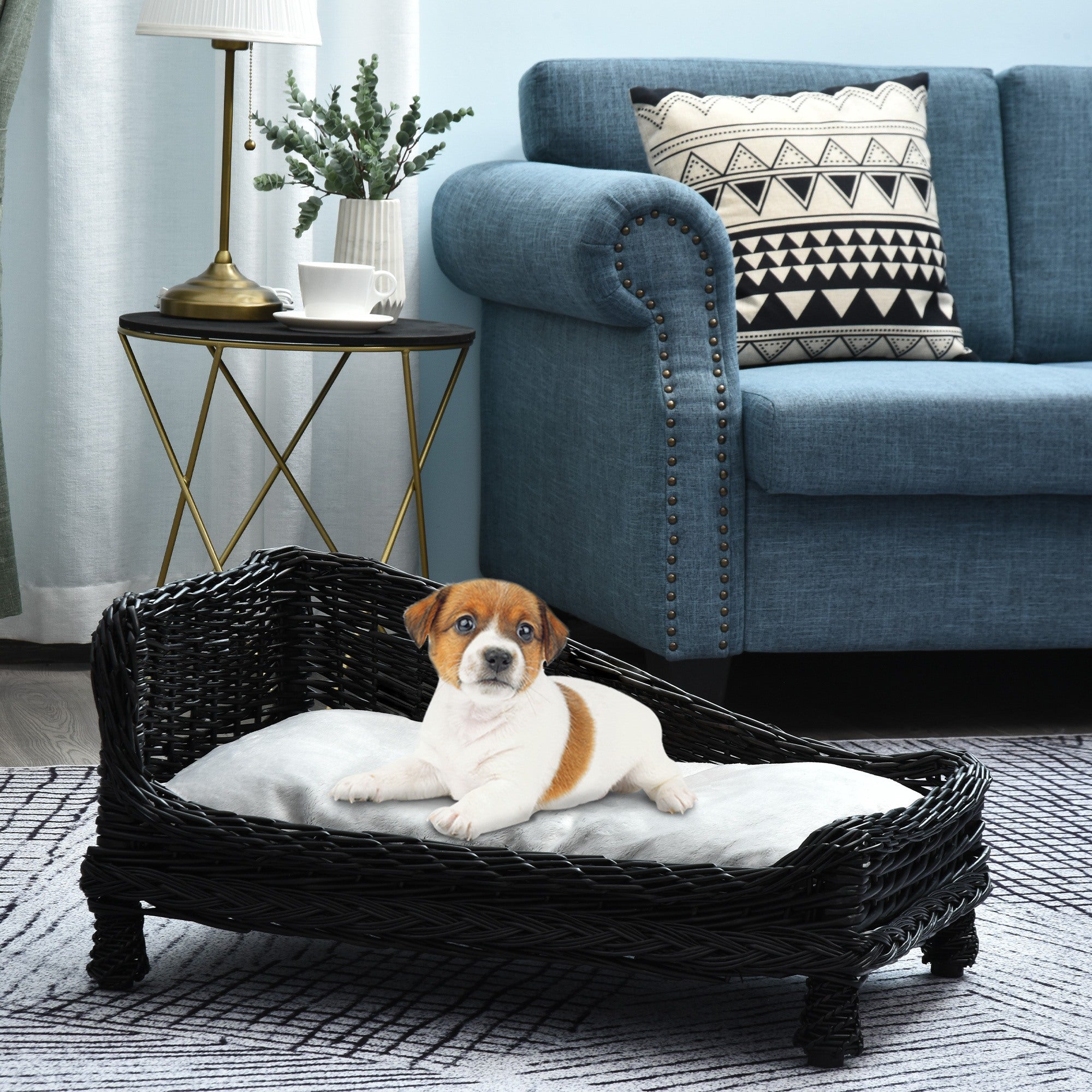 Easycomfort Cuccia per Animali Domestici Forma Chaise Longue in Vimini Nero Cuscino in Pile 69x42x33cm