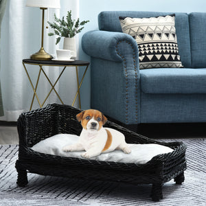 Easycomfort Cuccia per Animali Domestici Forma Chaise Longue in Vimini Nero Cuscino in Pile 69x42x33cm