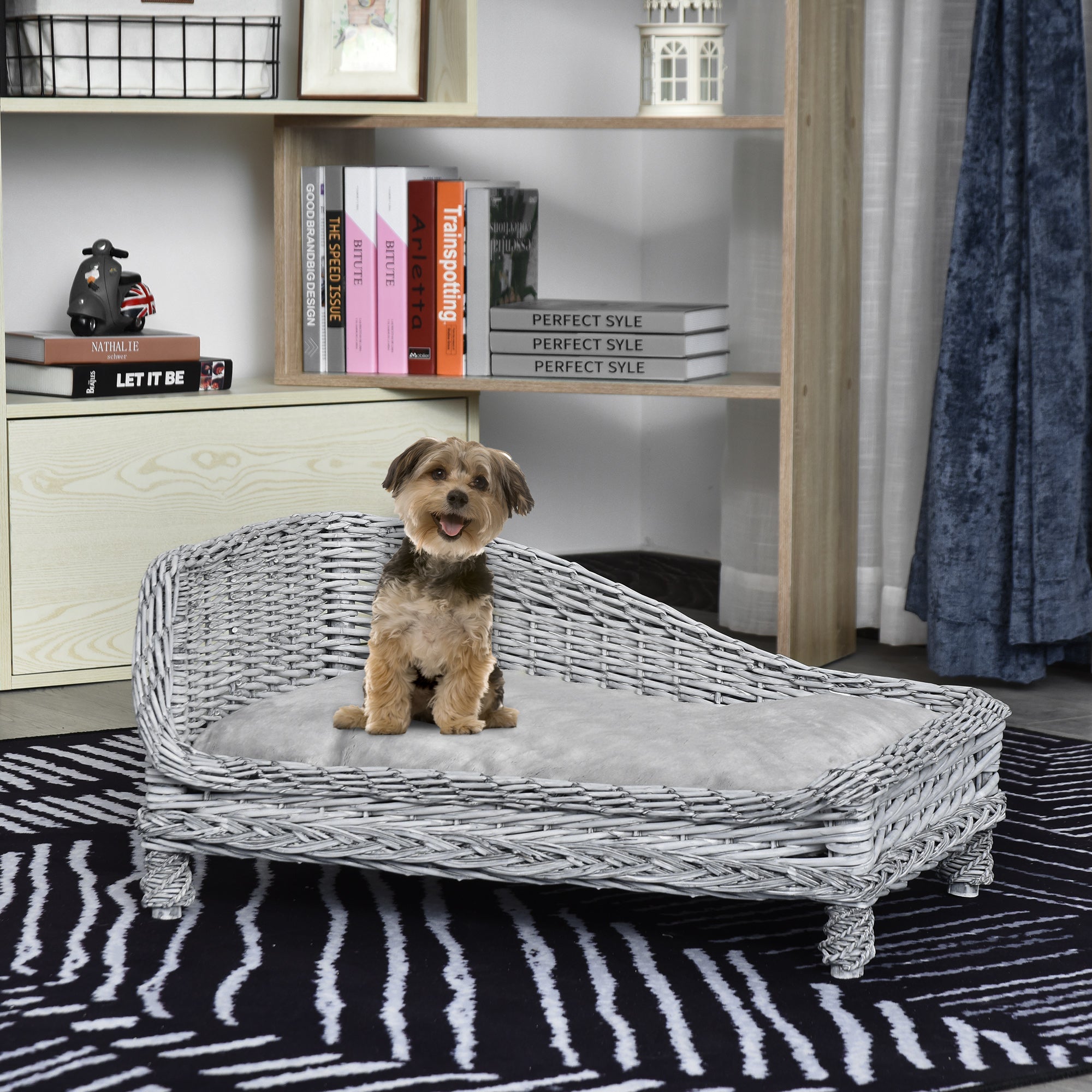 Easycomfort Cuccia per Animali Domestici Forma Chaise Longue in Vimini Grigio Cuscino in Pile 69x42x33cm