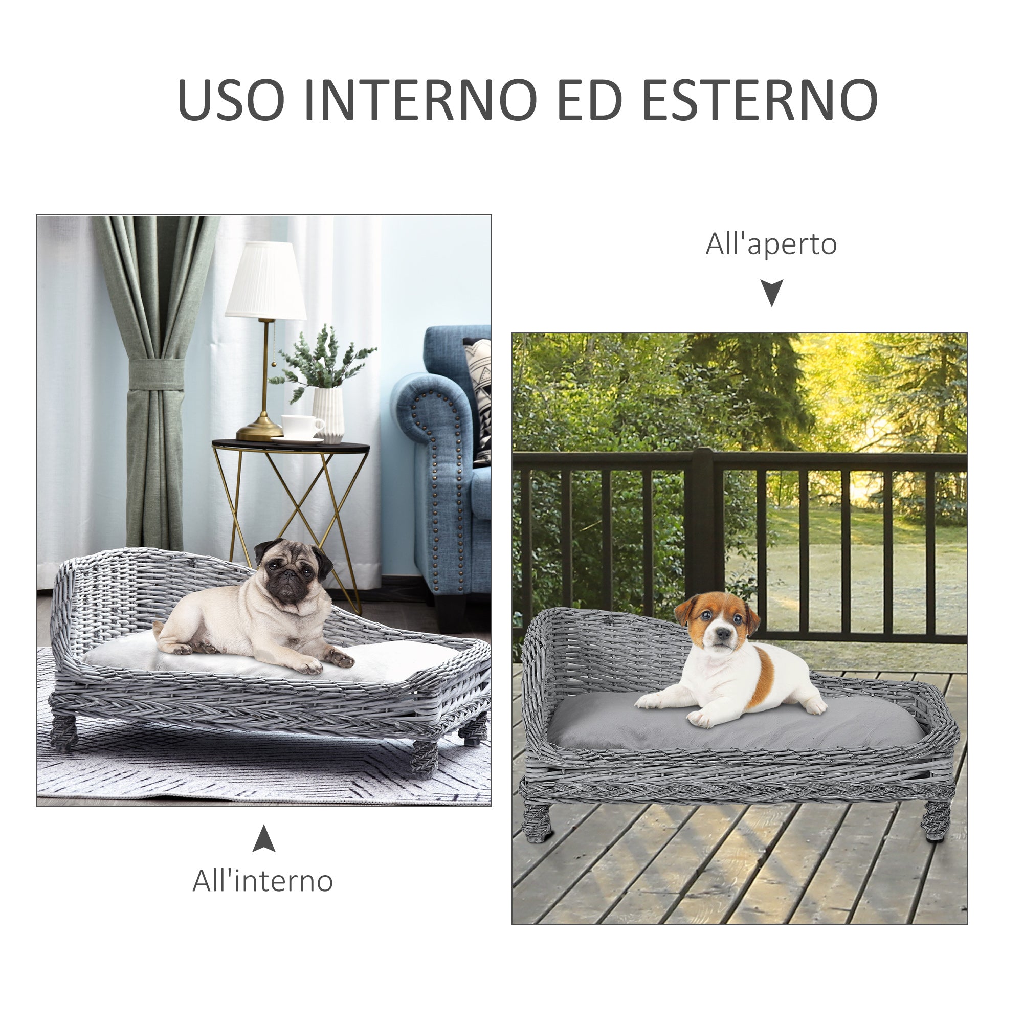 Easycomfort Cuccia per Animali Domestici Forma Chaise Longue in Vimini Grigio Cuscino in Pile 69x42x33cm