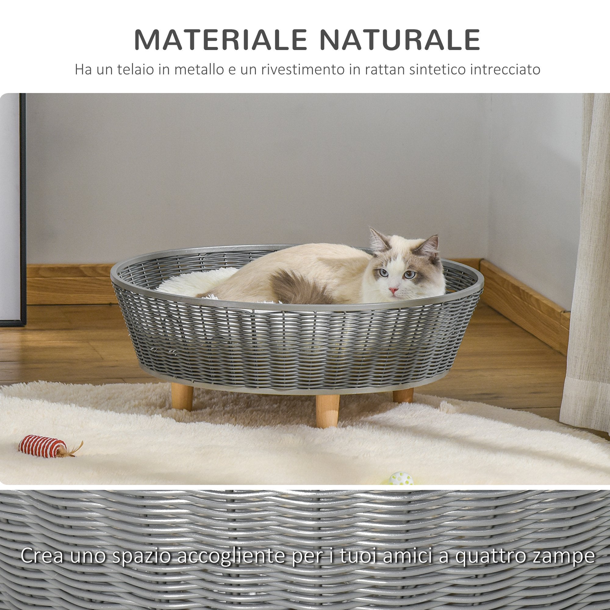 EasyComfort Cuccia per Gatti e Cani da Interno, Cesta per Gatti e Cani, Vimini Sintetico Grigio, 60x60x23.5cm