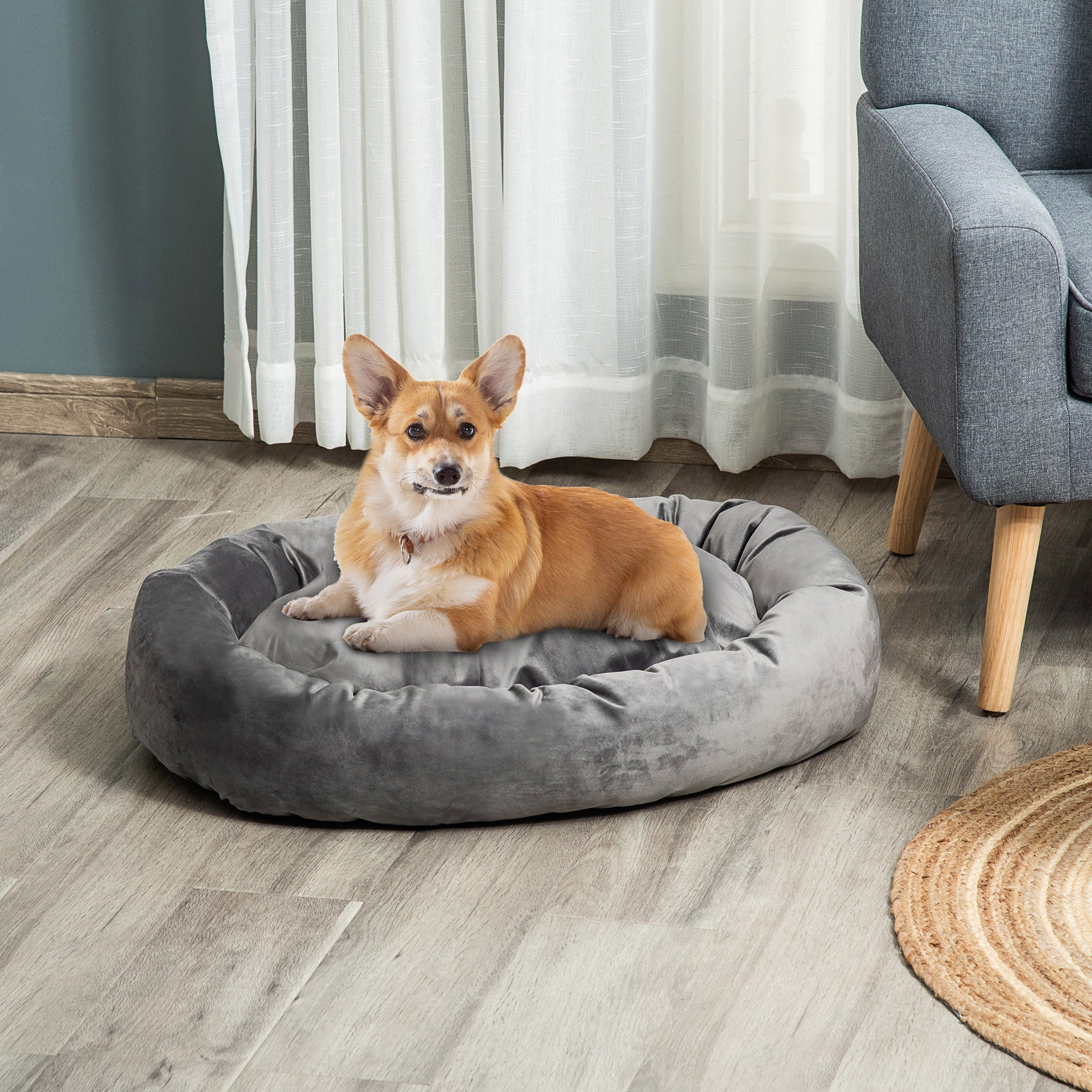 EasyComfort Cuccia per Cani Imbottita con Bordi Rialzati e Cuscino, Rivestimento in Velluto Sfoderabile, 81.5x58x18cm - Grigio Scuro