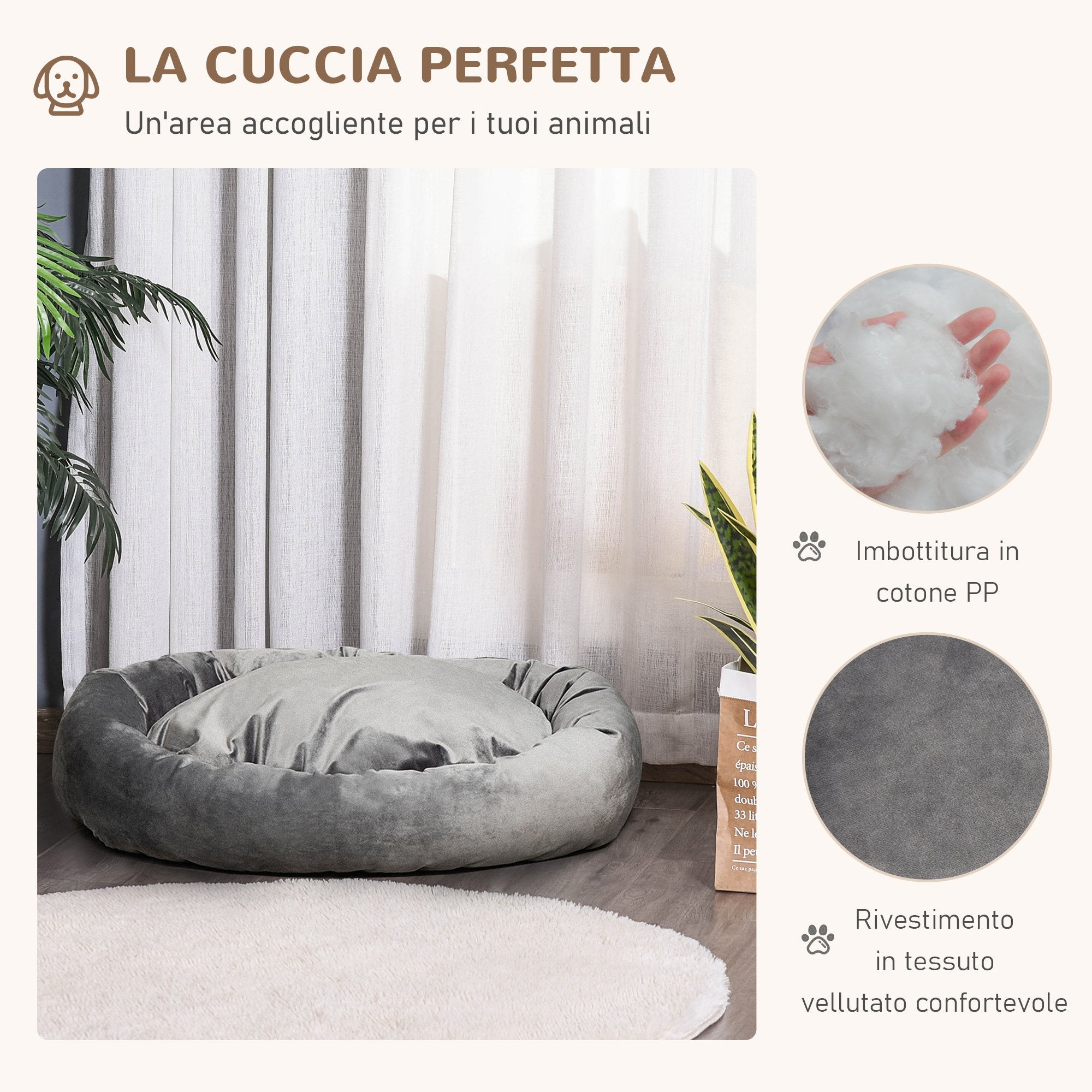 EasyComfort Cuccia per Cani Imbottita con Bordi Rialzati e Cuscino, Rivestimento in Velluto Sfoderabile, 81.5x58x18cm - Grigio Scuro