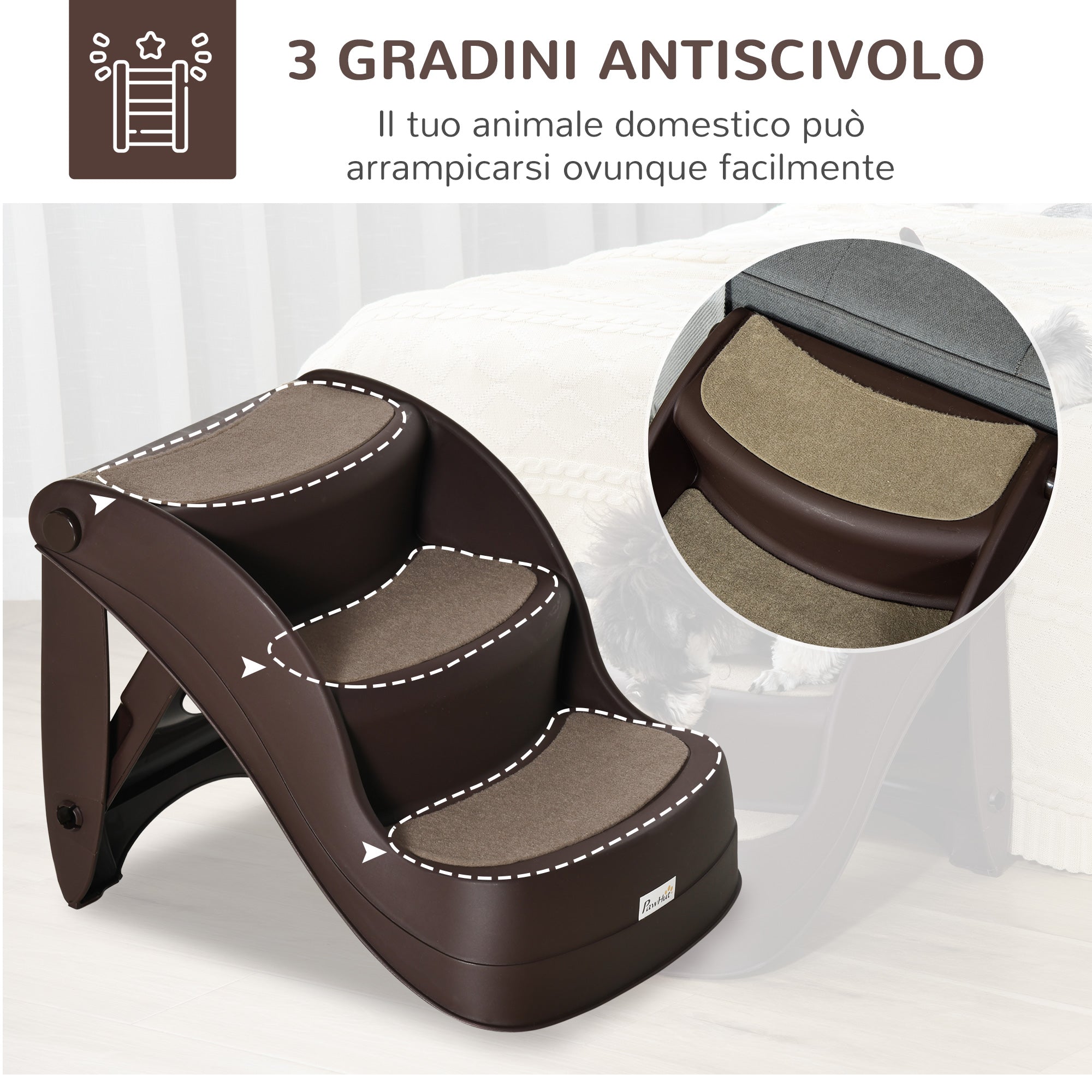 EasyComfort Scaletta per Cani Pieghevole con 3 Gradini Antiscivolo in PP, 49x38x38 cm, Marrone