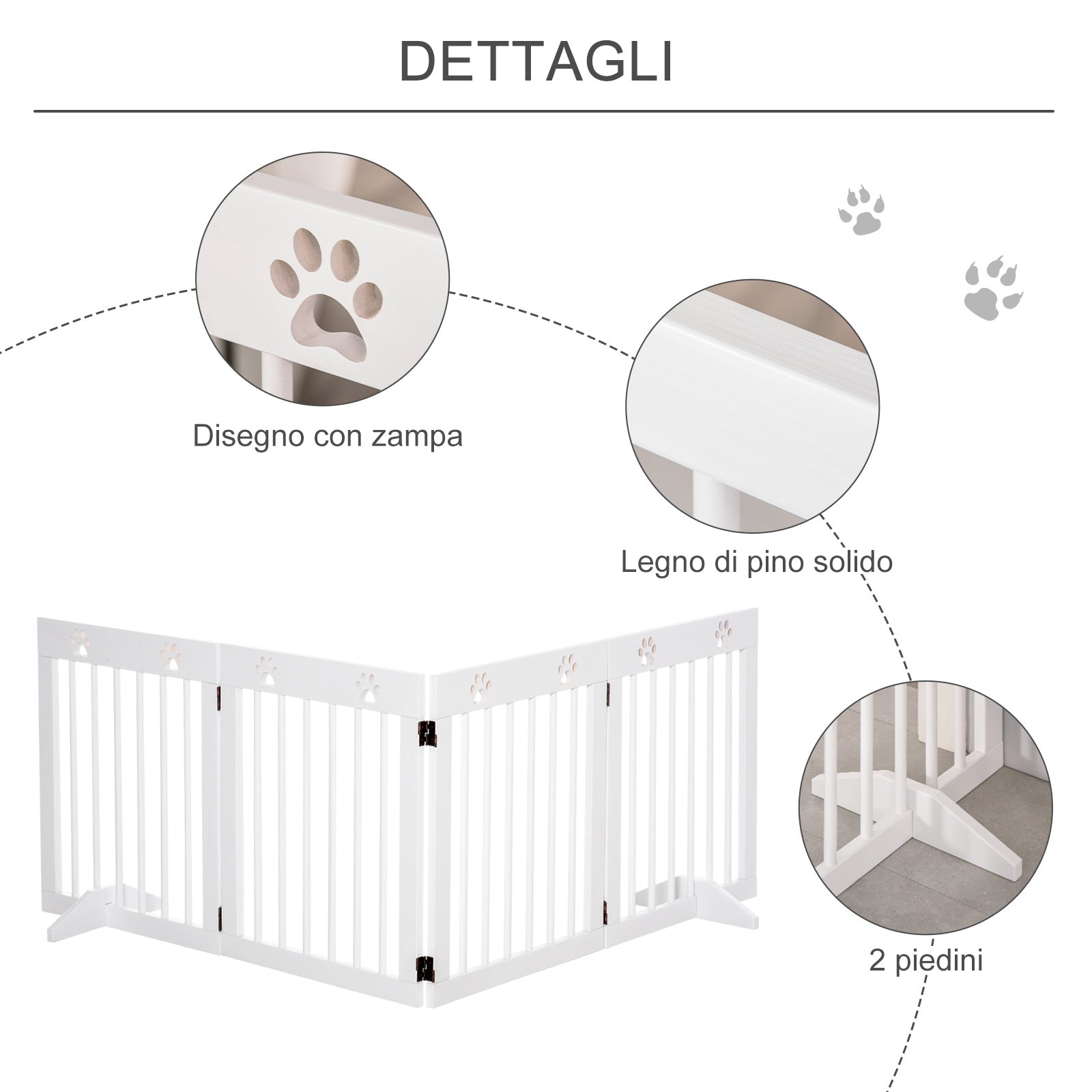 Cancelletto di Sicurezza Pieghevole per Animali Domestici 204x30x61 cm in Legno Bianco