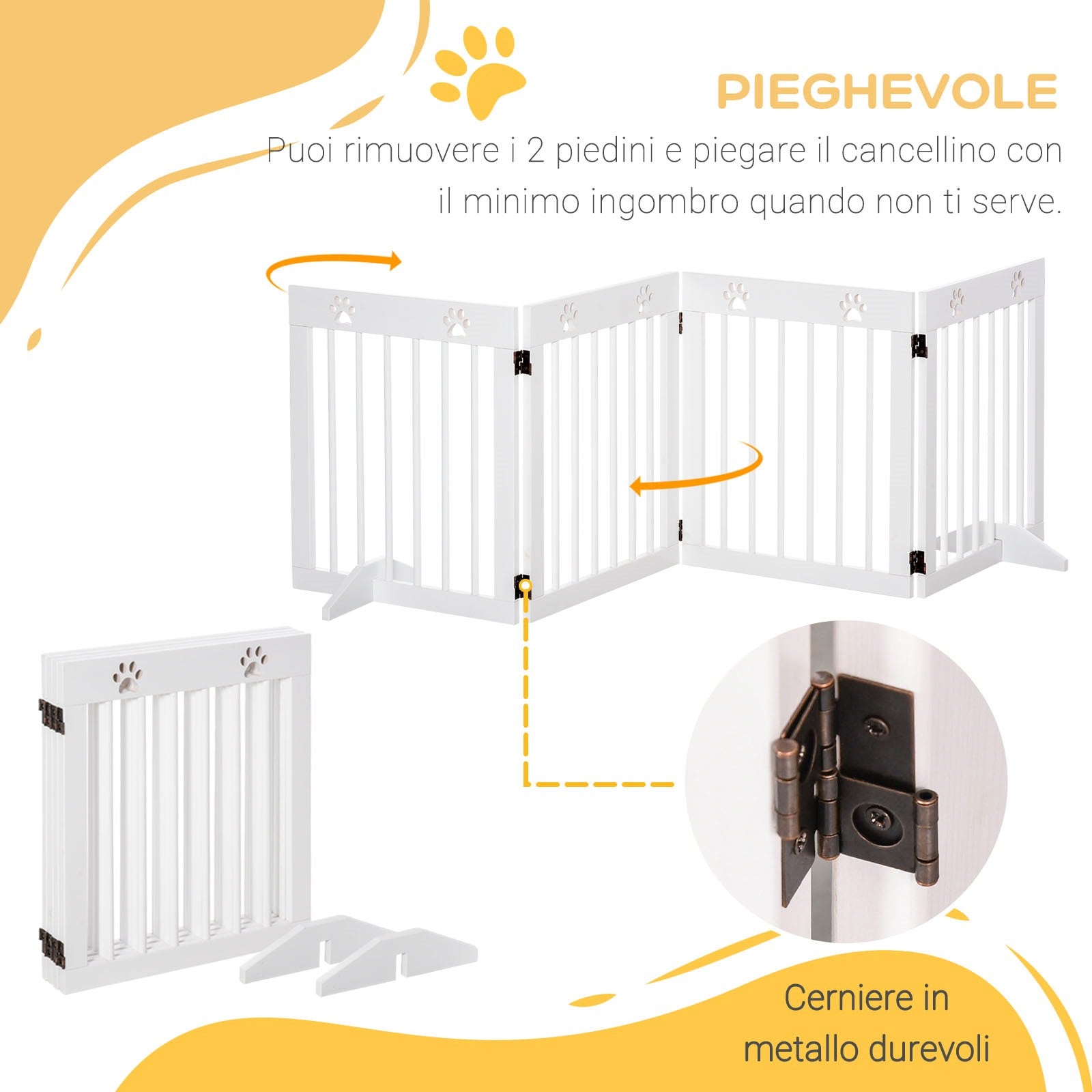 EasyComfort Cancellino per Cani Estensibile e Pieghevole a 4 Sezioni, Cancelletto di Sicurezza in Legno di Pino, 204x30x61cm, Bianco