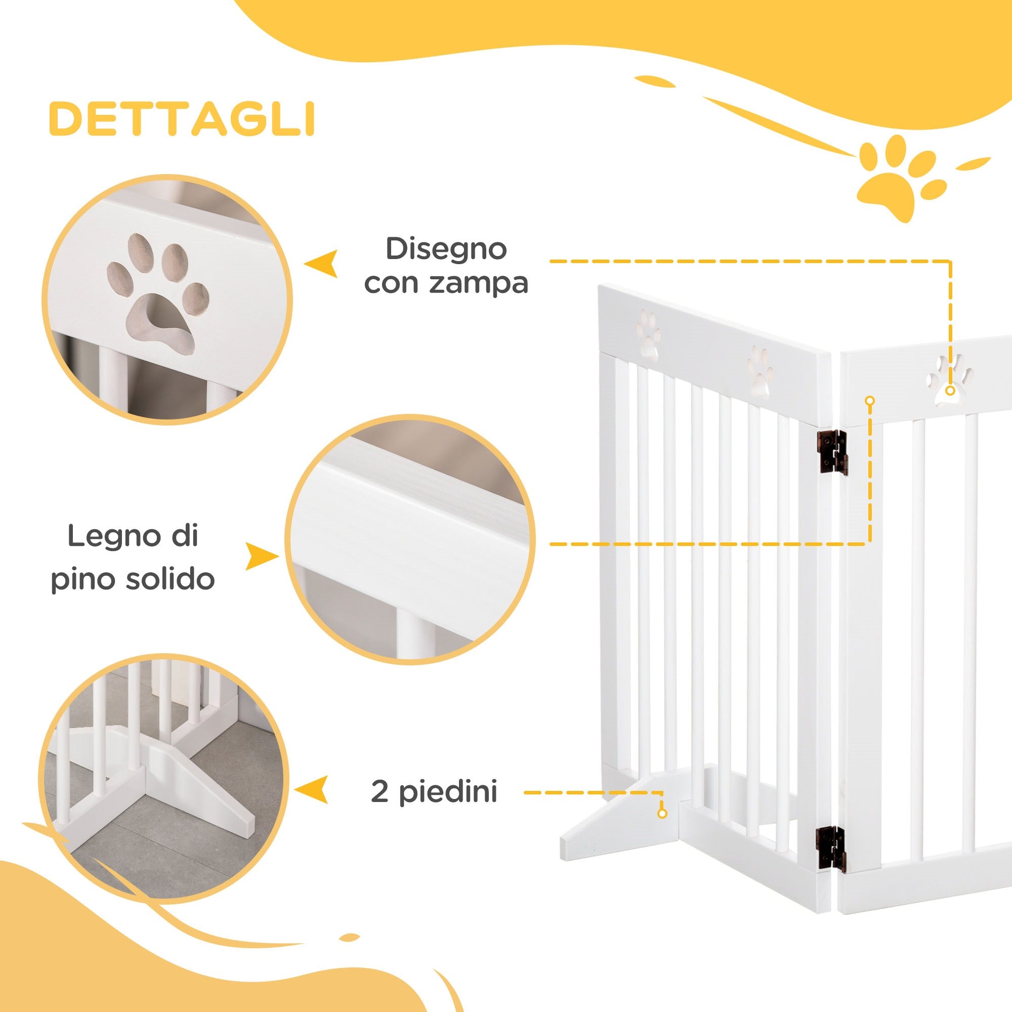 EasyComfort Cancellino per Cani Estensibile e Pieghevole a 4 Sezioni, Cancelletto di Sicurezza in Legno di Pino, 204x30x61cm, Bianco