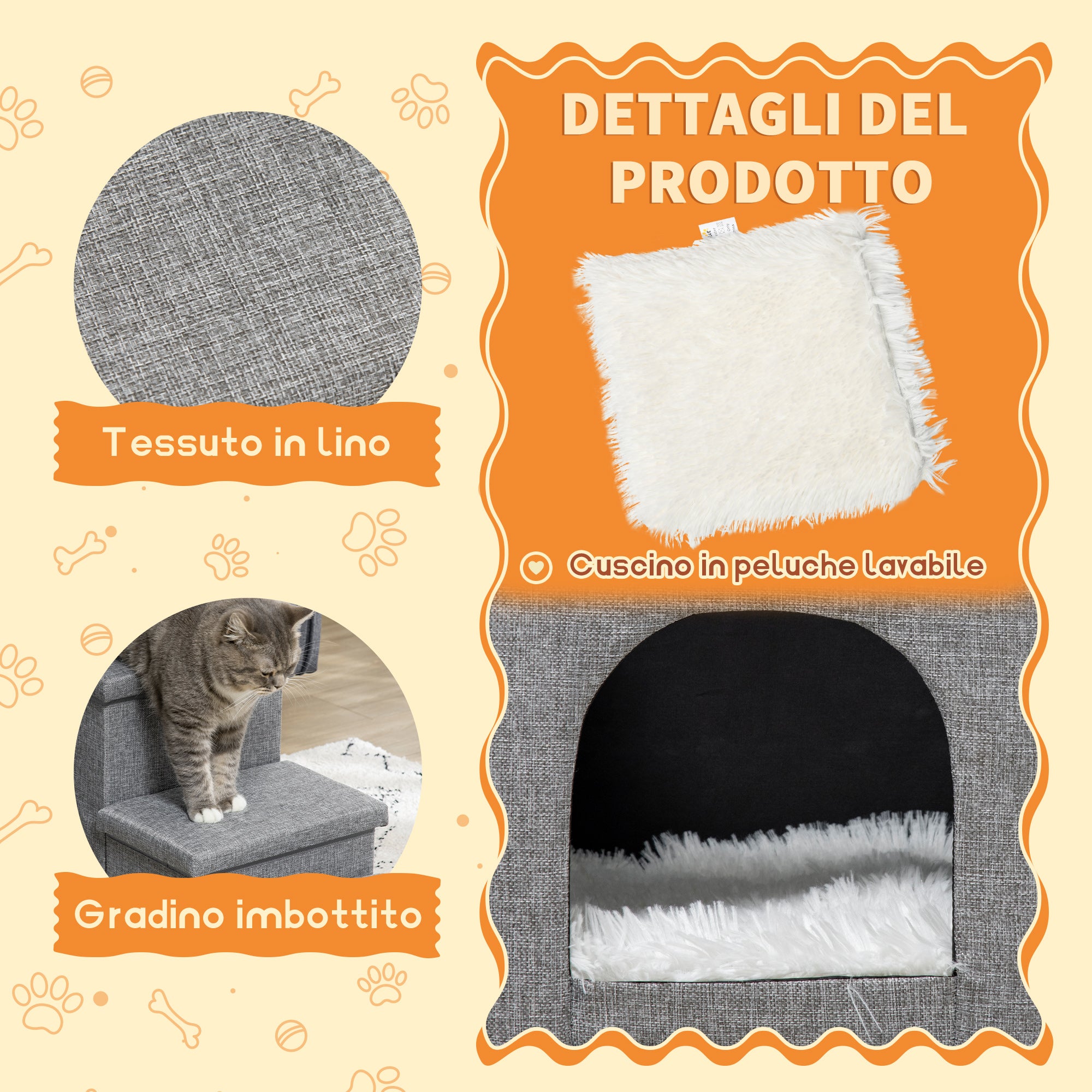 EasyComfort Scaletta per Cani e Gatti 10kg max a 3 Gradini con Casetta per Cani e Spazio Portaoggetti, 73.5x33x40.5 cm, Grigio