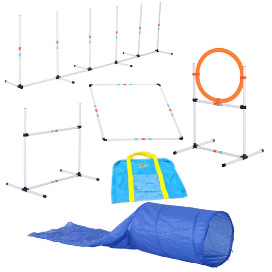 Easycomfort Set Attrezzature Borsa Addestramento per Agility 5 elementi Salto in Alto e Tunnel per Cani Poliestere, PE ?60 x 300cm Bianco, Arancione, Blu