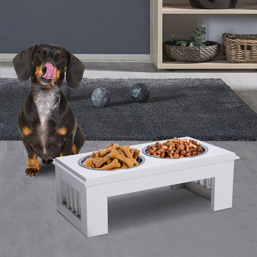 Easycomfort Ciotola Rialzata per Cani in Acciaio Inossidabile, Base in Legno MDF, con 2 Piatti, 44x24x15cm