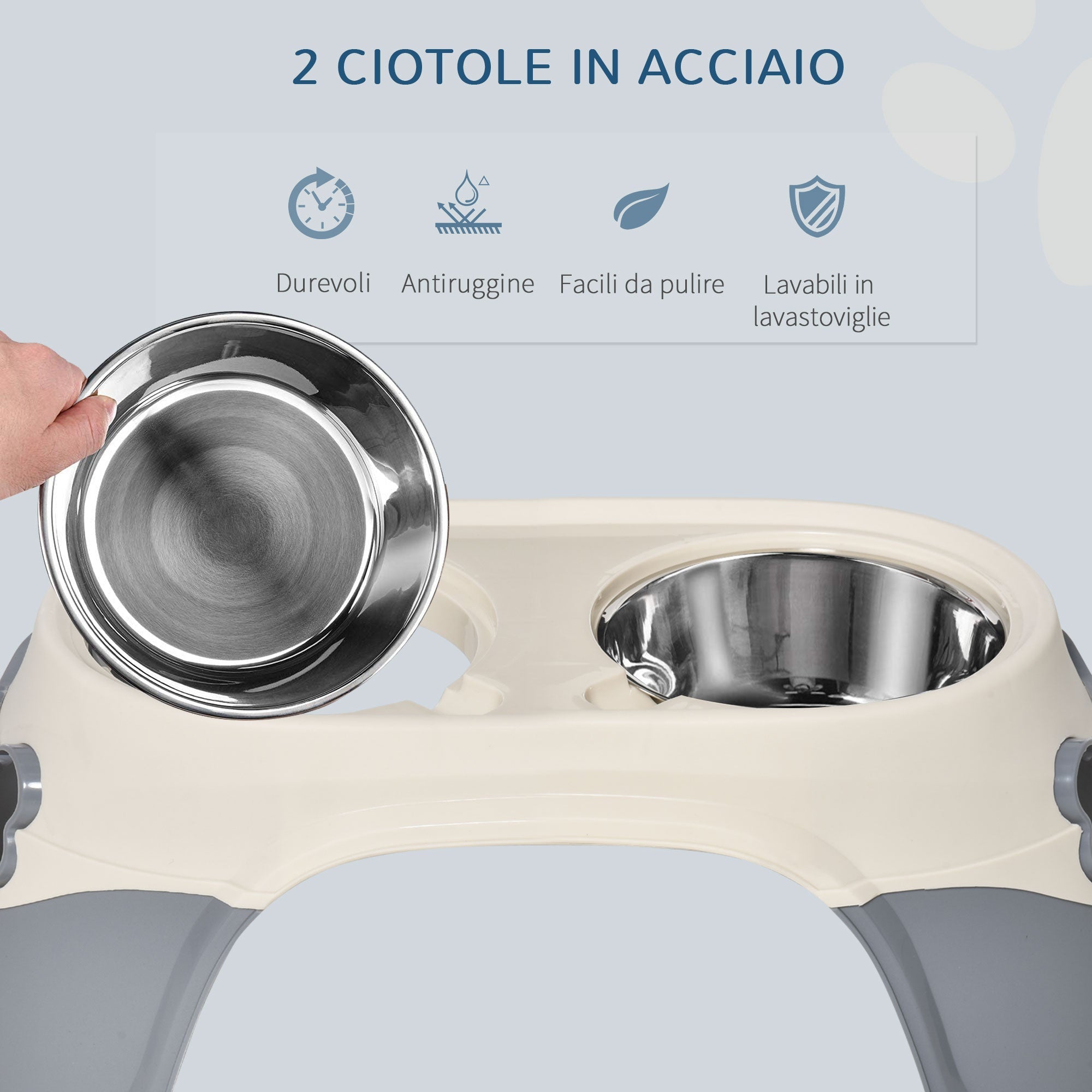 Doppia Ciotola per Cani Rialzata 47x25x20 cm in Acciaio Inox e Plastica Bianco