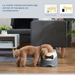 Doppia Ciotola per Cani Rialzata 47x25x20 cm in Acciaio Inox e Plastica Bianco