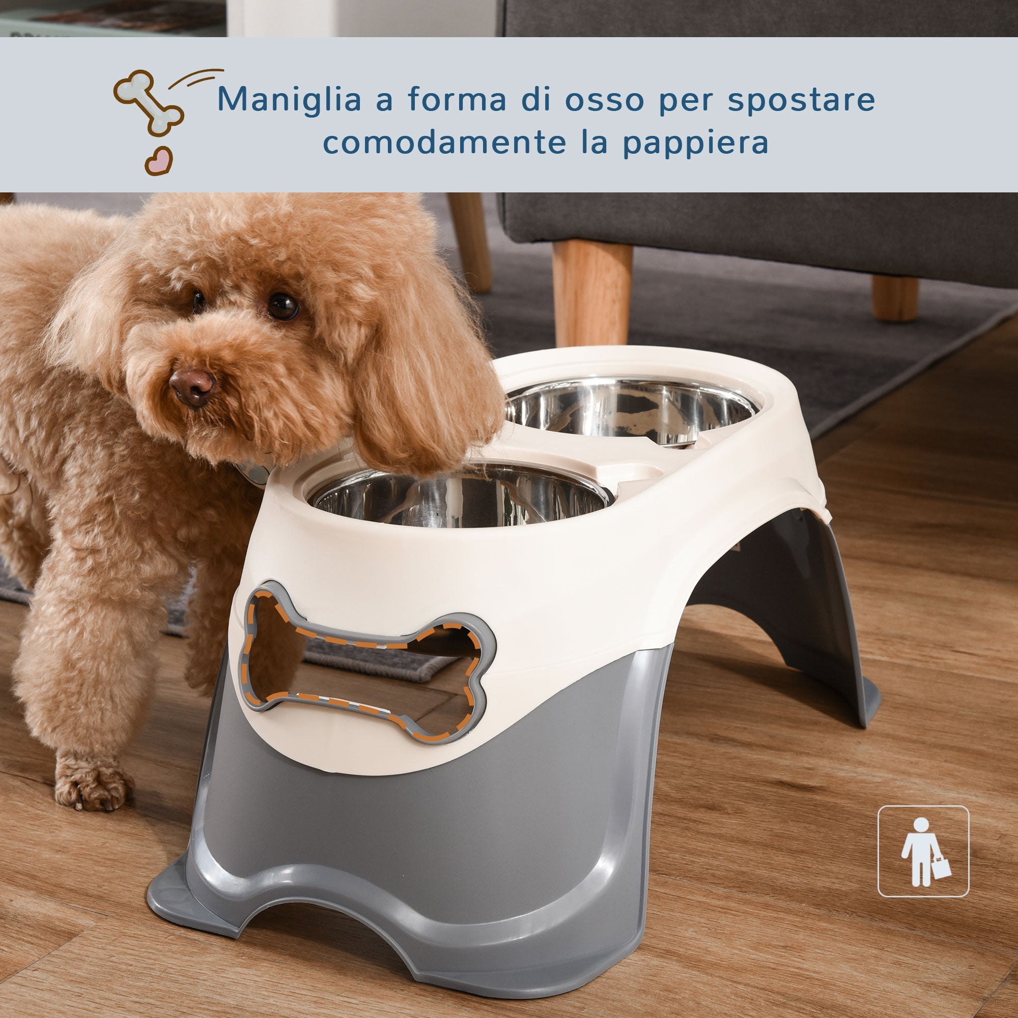 Doppia Ciotola per Cani Rialzata 47x25x20 cm in Acciaio Inox e Plastica Bianco