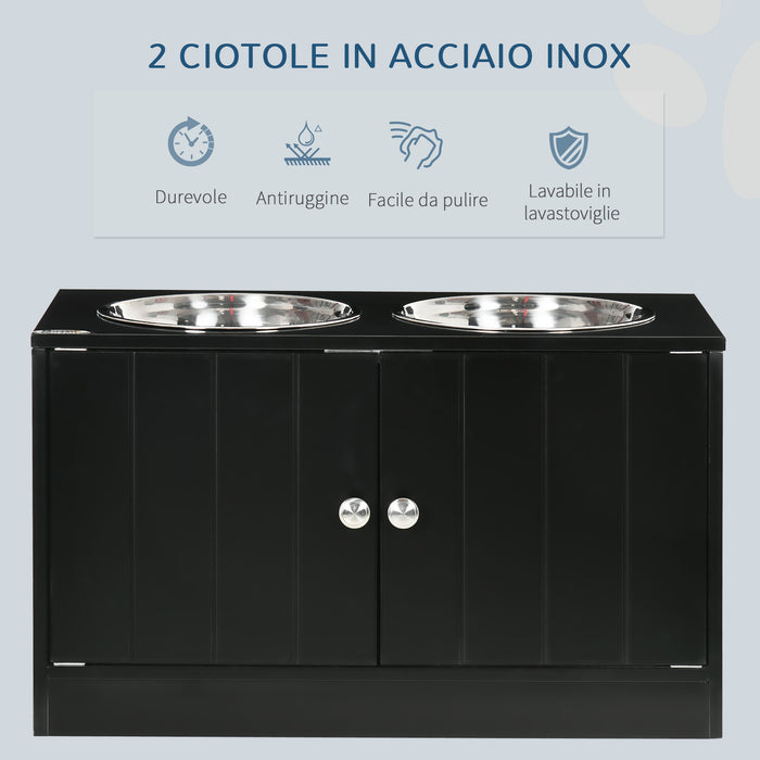 EasyComfort Ciotola per Cani Rialzata con Vano Contenitore, 2 Ciotole in Acciaio Inox Rimovibili, 60x30x35.5cm, Nero