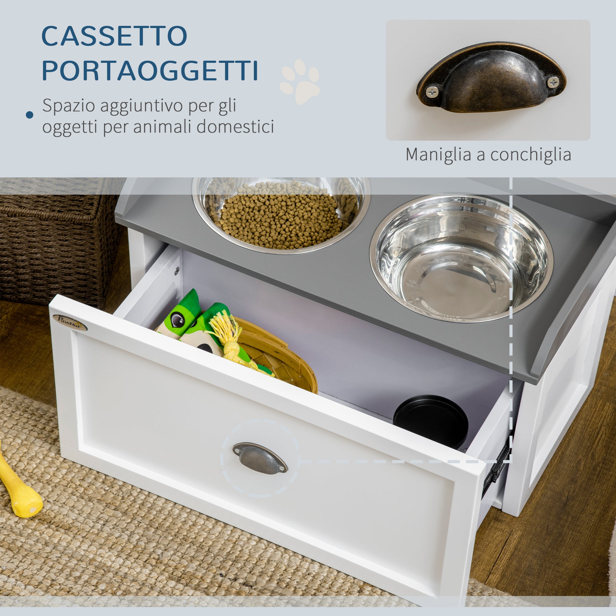 EasyComfort Ciotole per Cani Rialzate in Acciaio Inox e Legno con Cassetto, 60x30x36cm, Bianco e Grigio