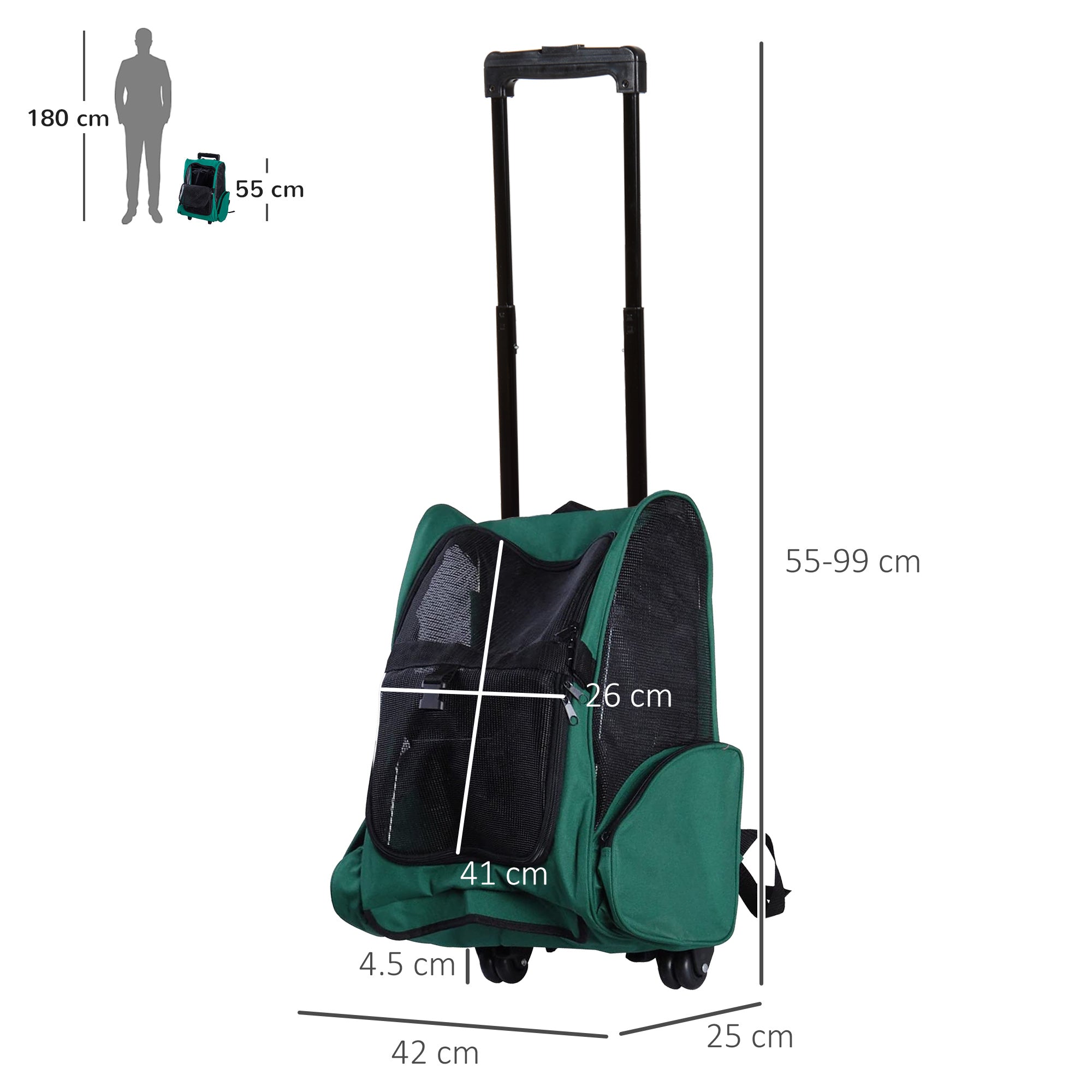 EasyComfort Trasportino Zaino 2 in 1 per Cani e Gatti con Tasche Laterali, Maniglia Telescopica e Ruote, 42x25x55cm, Verde