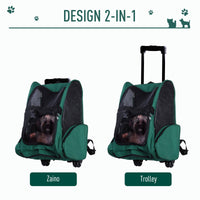 EasyComfort Trasportino Zaino 2 in 1 per Cani e Gatti con Tasche Laterali, Maniglia Telescopica e Ruote, 42x25x55cm, Verde