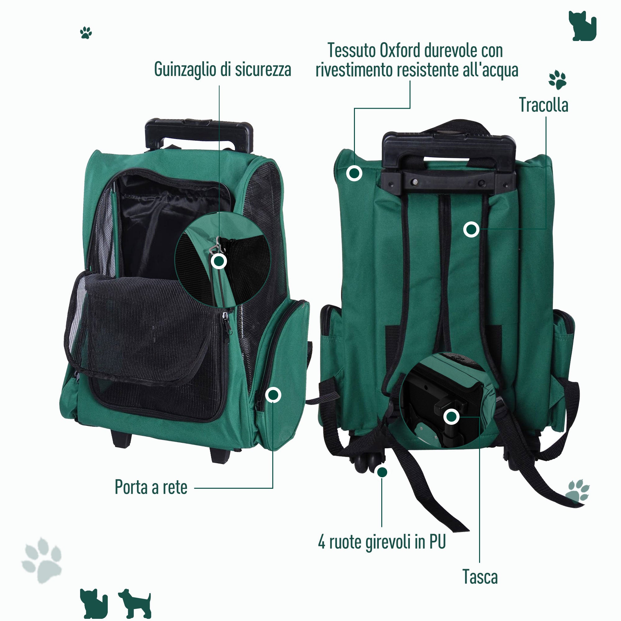 EasyComfort Trasportino Zaino 2 in 1 per Cani e Gatti con Tasche Laterali, Maniglia Telescopica e Ruote, 42x25x55cm, Verde