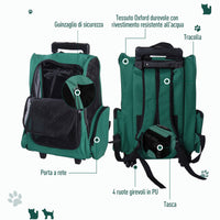 EasyComfort Trasportino Zaino 2 in 1 per Cani e Gatti con Tasche Laterali, Maniglia Telescopica e Ruote, 42x25x55cm, Verde