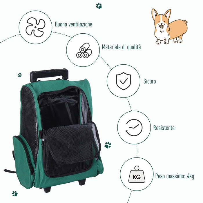 EasyComfort Trasportino Zaino 2 in 1 per Cani e Gatti con Tasche Laterali, Maniglia Telescopica e Ruote, 42x25x55cm, Verde