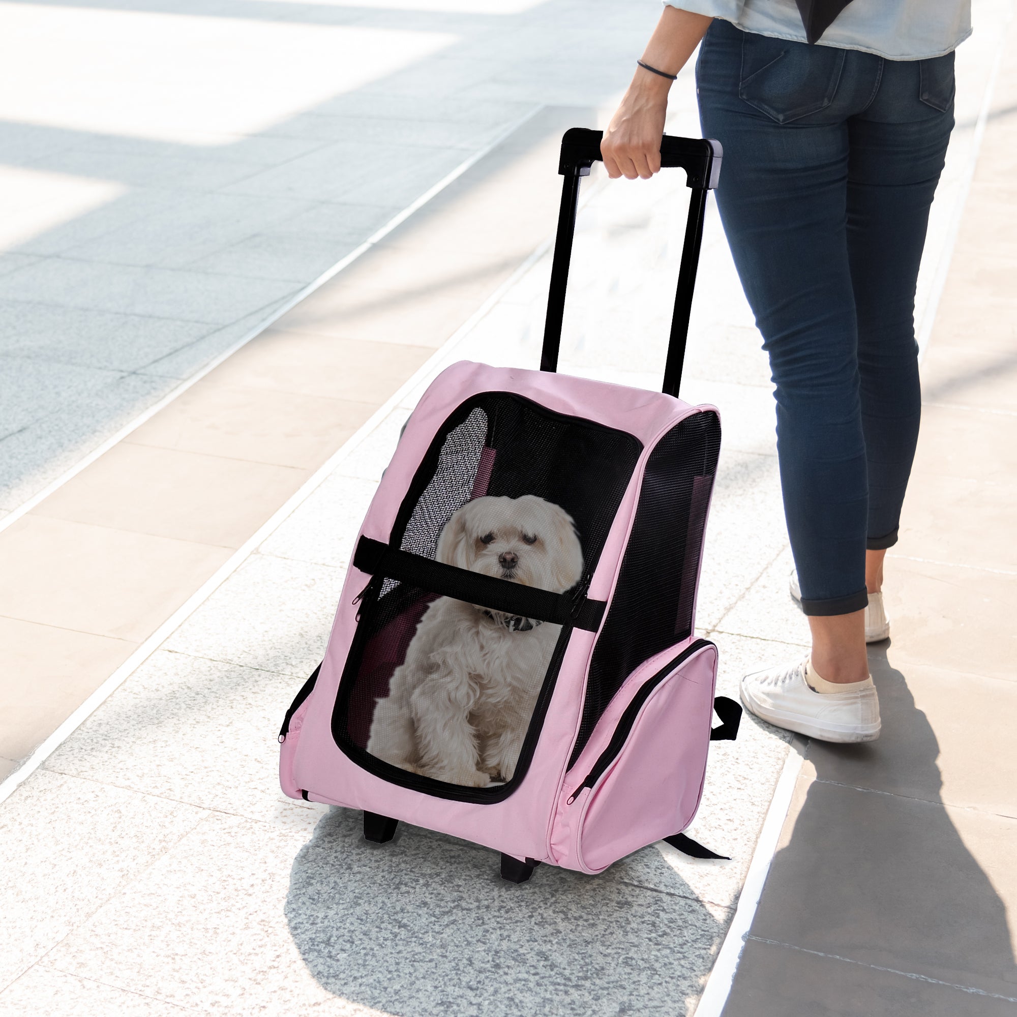 Easycomfort Trasportino Zaino 2 in 1 per Cani e Gatti con Tasche Laterali, Maniglia Telescopica e Ruote, 42x25x55cm, Rosa