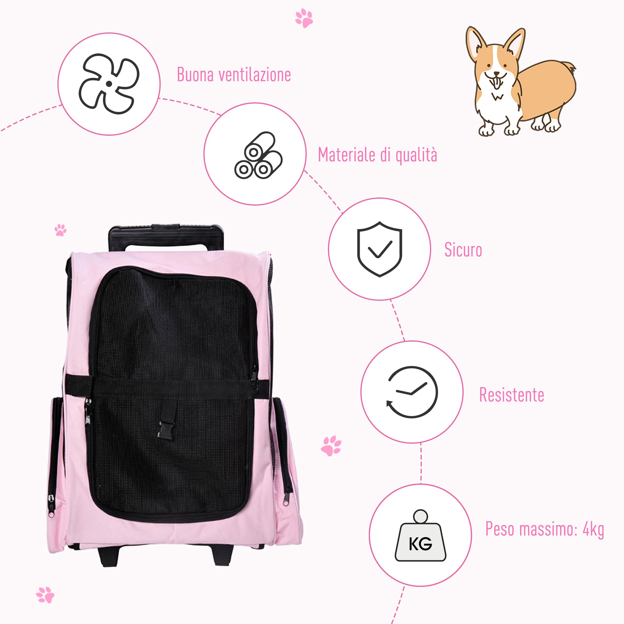 Easycomfort Trasportino Zaino 2 in 1 per Cani e Gatti con Tasche Laterali, Maniglia Telescopica e Ruote, 42x25x55cm, Rosa