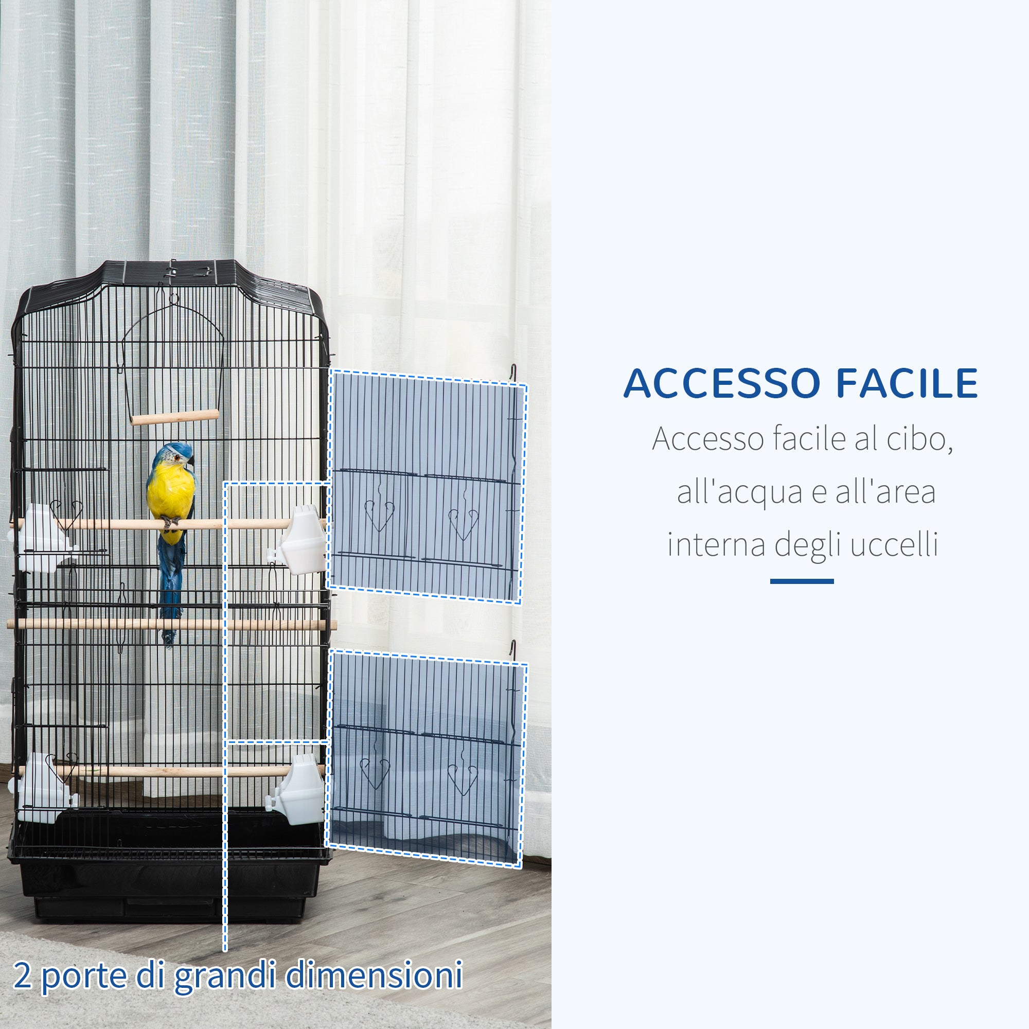 EasyComfort Gabbia per Uccelli in Metallo e Plastica con Trespoli, Altalena e Ciotole, 46.5x35.5x92 cm, Nero