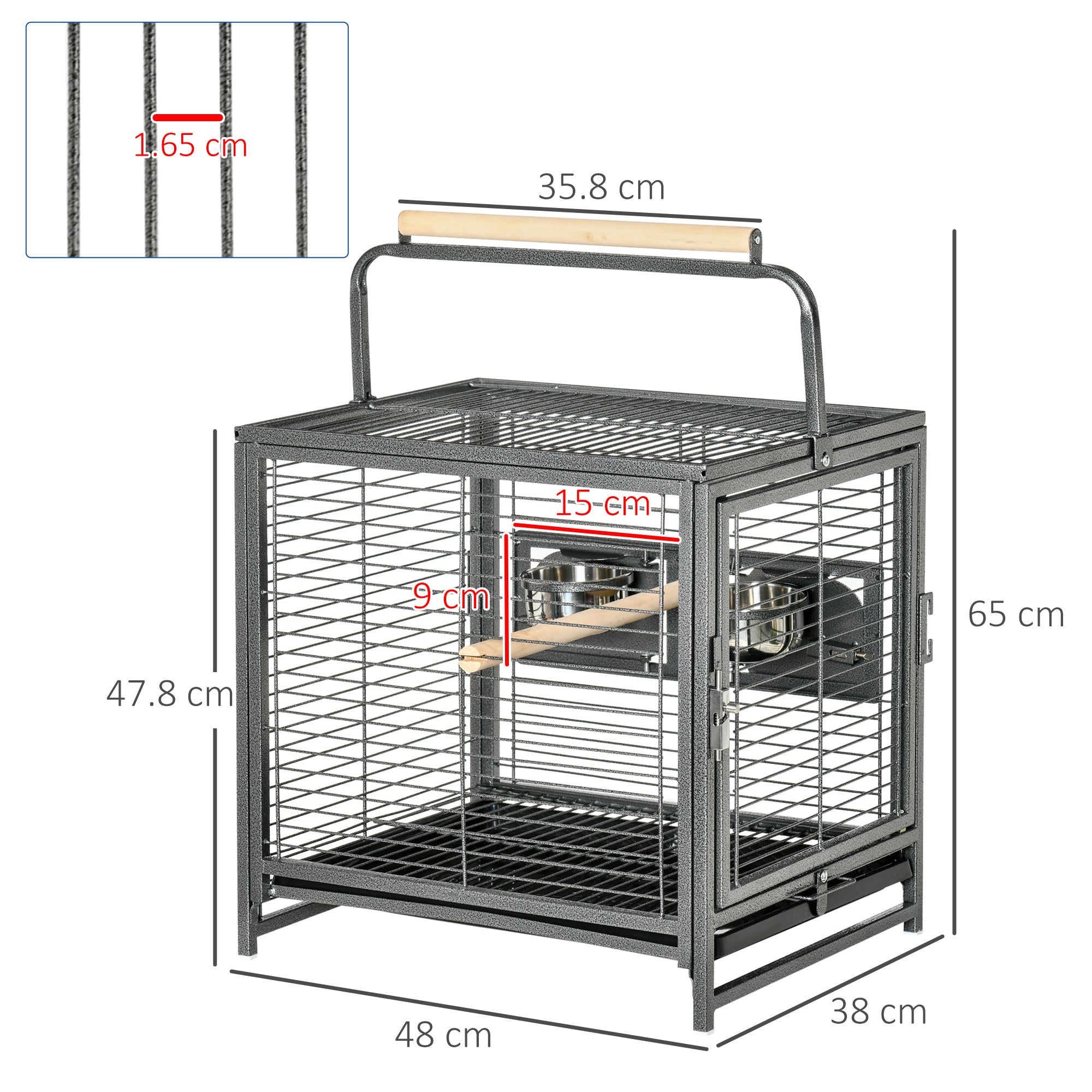 Easycomfort Gabbia per Pappagalli con Vassoio rimovibile, Ciotole in Acciaio Inox e 2 Posatoi, 48x38x65cm Nero