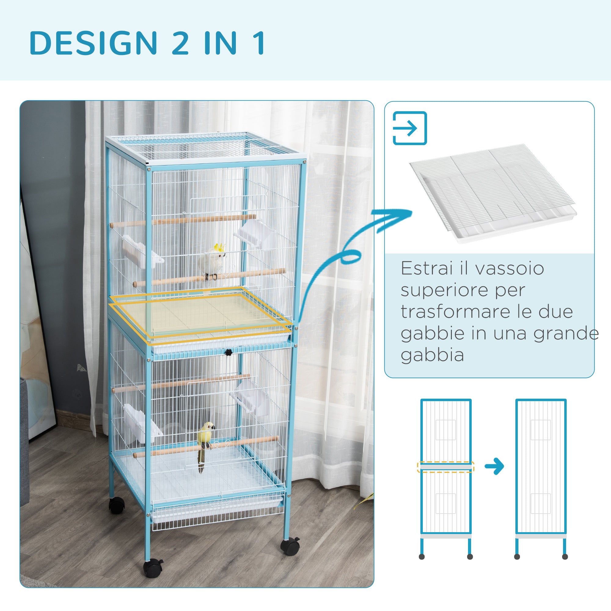 EasyComfort Gabbia per Uccelli 2 in 1 Voliera da Interni con 4 Ruote e Vassoi Estraibili, 51.5x50x140cm