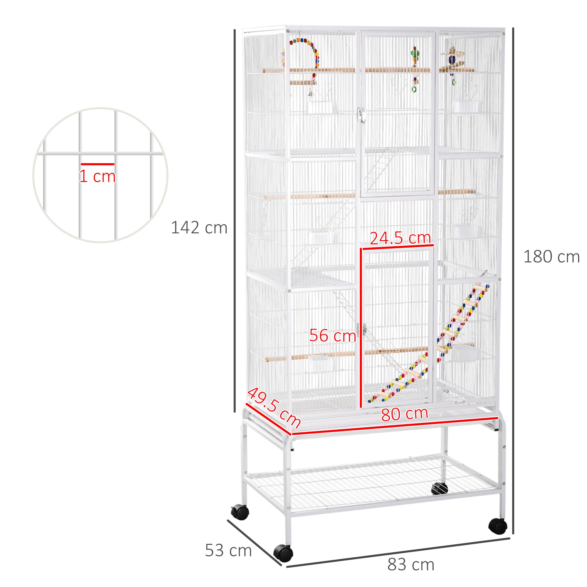 Easycomfort Gabbia per Uccelli in Acciaio e PP con Posatoi, Giochi, Contenitori per Cibo e Vassoio, 83x53x180 cm, Bianco