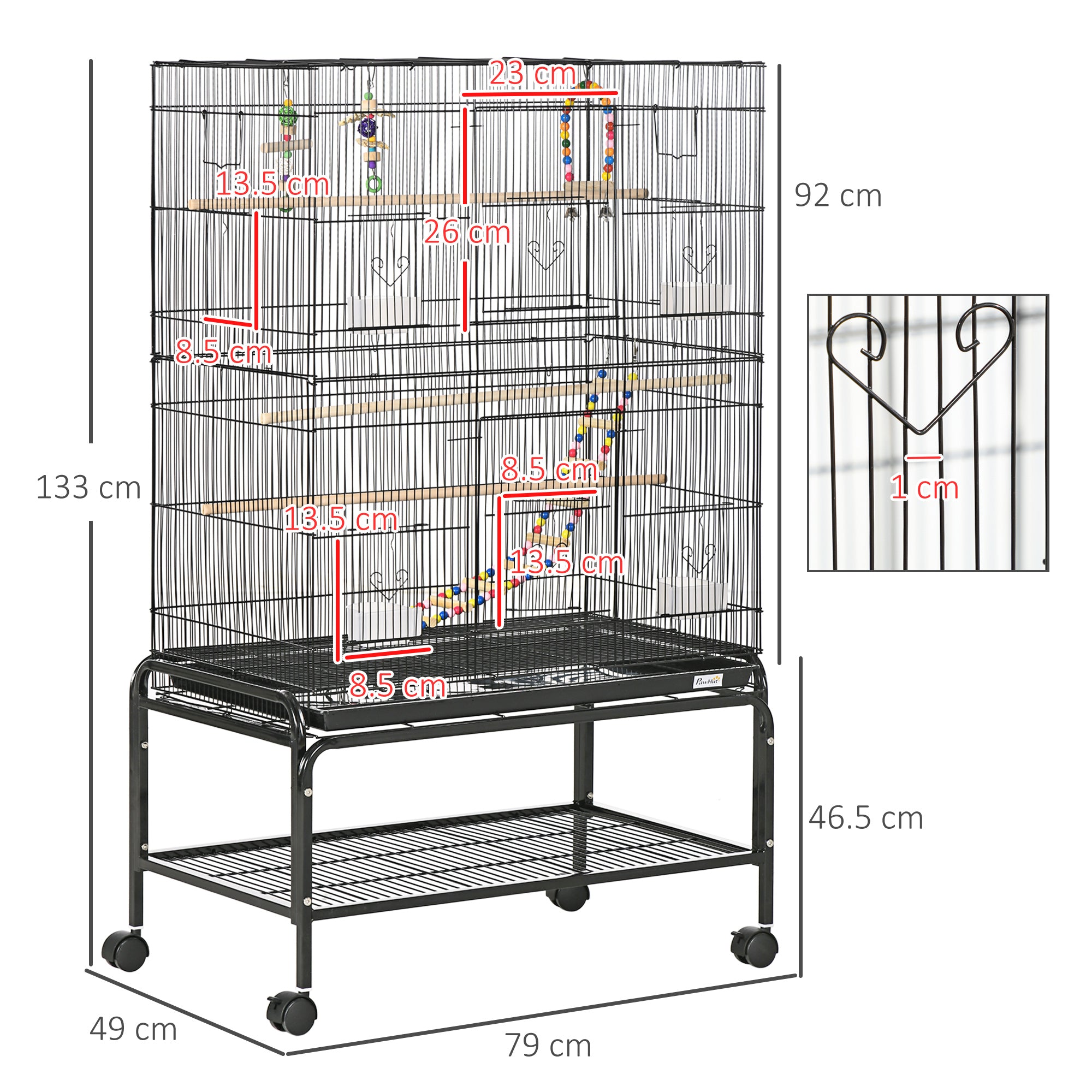 Easycomfort Gabbia per Uccelli in Acciaio con Posatoi, Giochi, Contenitori per Cibo e Vassoio, 79x49x133 cm, Nero