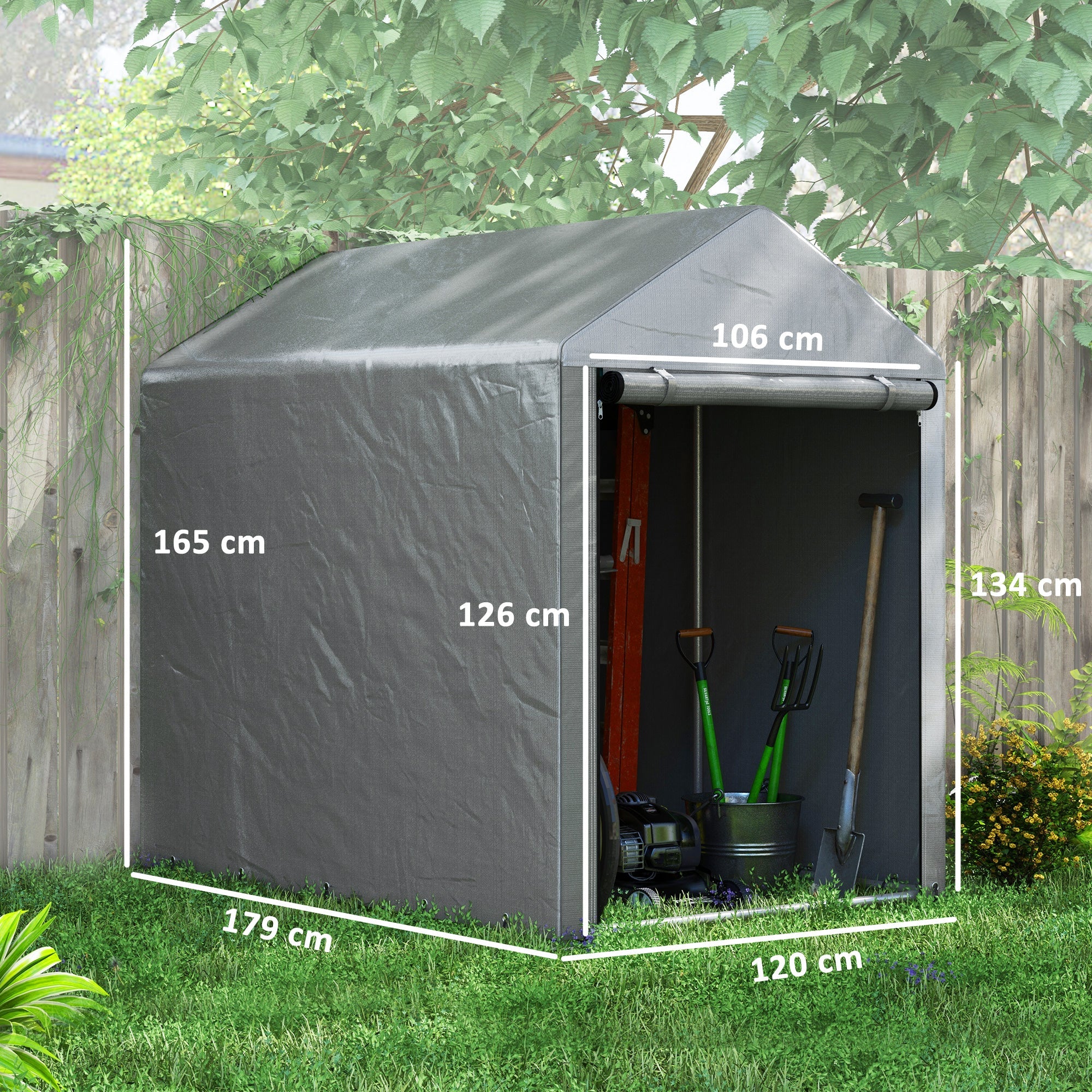 Capanno Box per Attrezzi da Giardino 120x179x165 cm Tenda in PE anti UV e Metallo Grigio chiaro