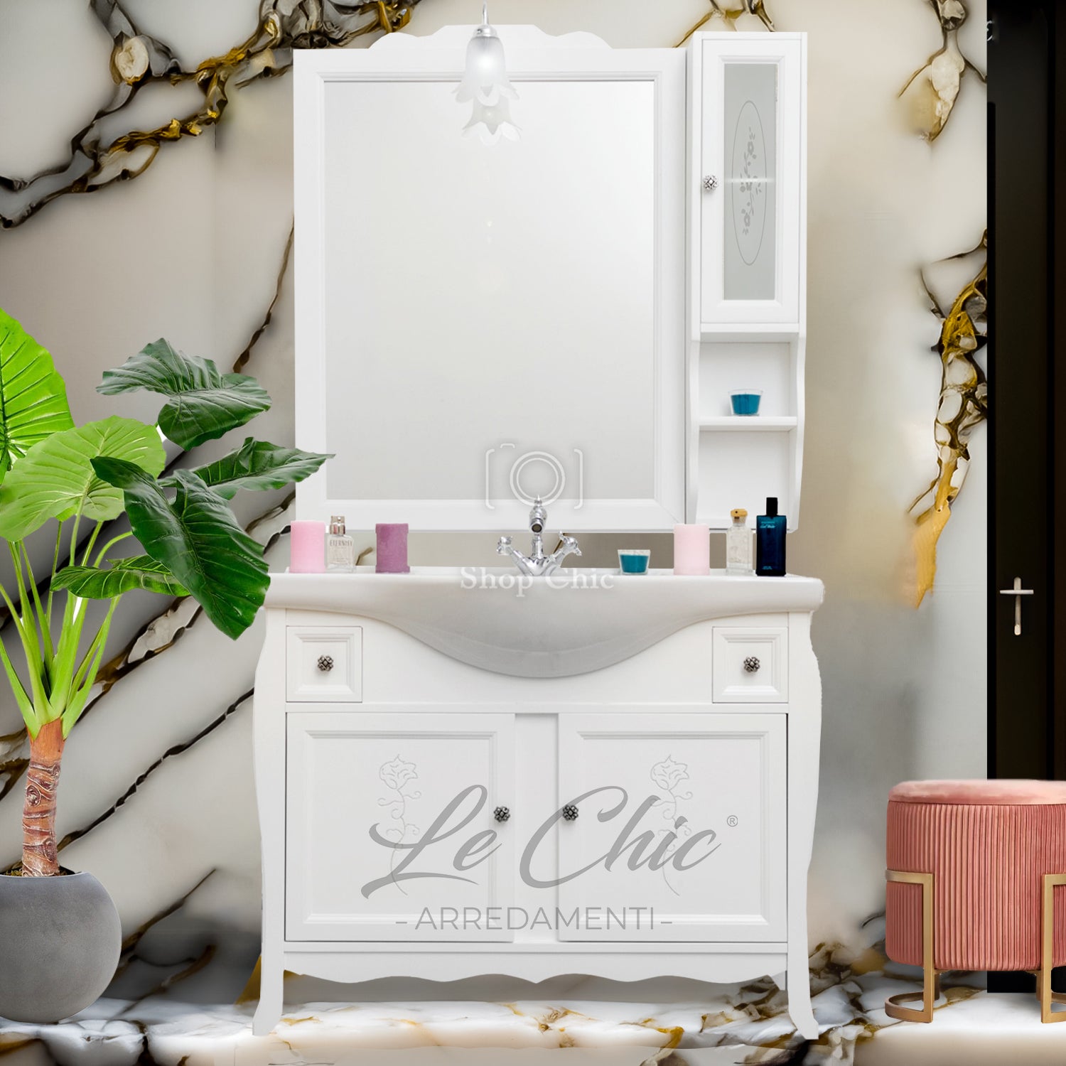 Mobile bagno shabby chic con decori incisi completo