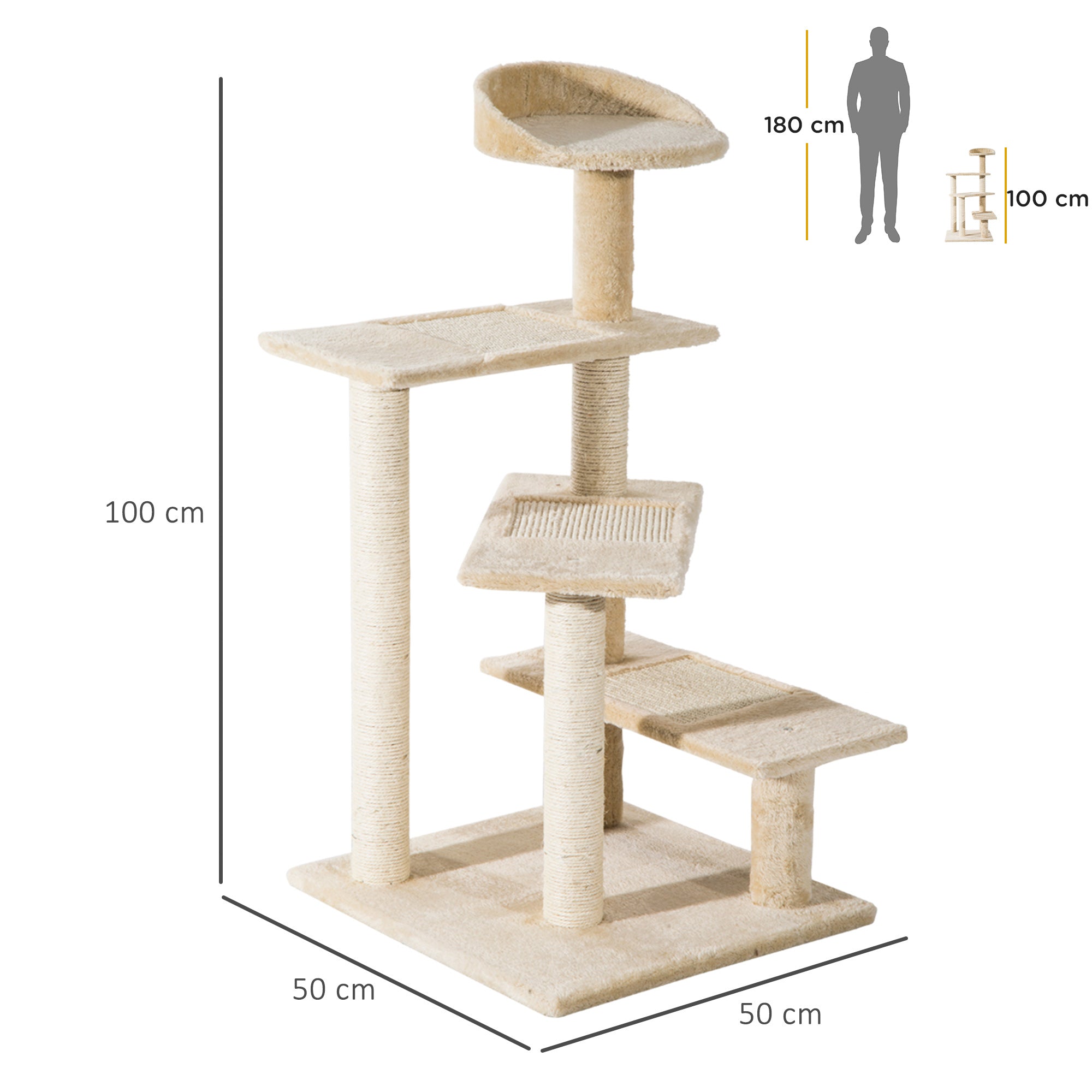 EasyComfort Trespolo per Gatti Multilivello con Tiragraffi in Sisal, Albero per Gatti con Piattaforme e Cuccia in Peluche Beige, 50x50x100cm