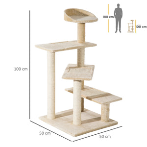 EasyComfort Trespolo per Gatti Multilivello con Tiragraffi in Sisal, Albero per Gatti con Piattaforme e Cuccia in Peluche Beige, 50x50x100cm