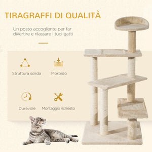 EasyComfort Trespolo per Gatti Multilivello con Tiragraffi in Sisal, Albero per Gatti con Piattaforme e Cuccia in Peluche Beige, 50x50x100cm