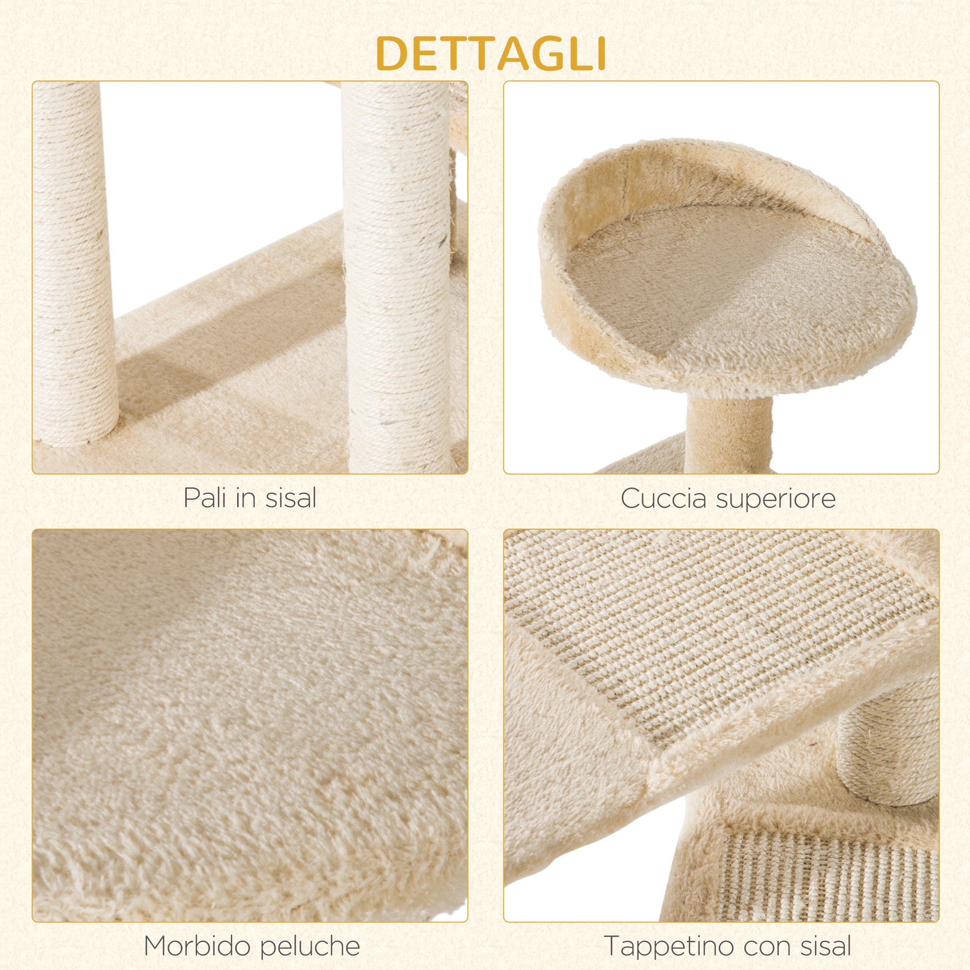 EasyComfort Trespolo per Gatti Multilivello con Tiragraffi in Sisal, Albero per Gatti con Piattaforme e Cuccia in Peluche Beige, 50x50x100cm