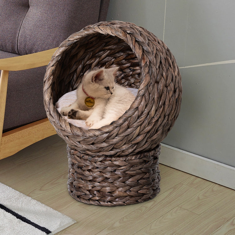 Easycomfort Cuccia per Gatti Rialzata con Cuscino, Casetta Naturale con Foglie di Banana, Beige e Marrone, 42x33x52cm