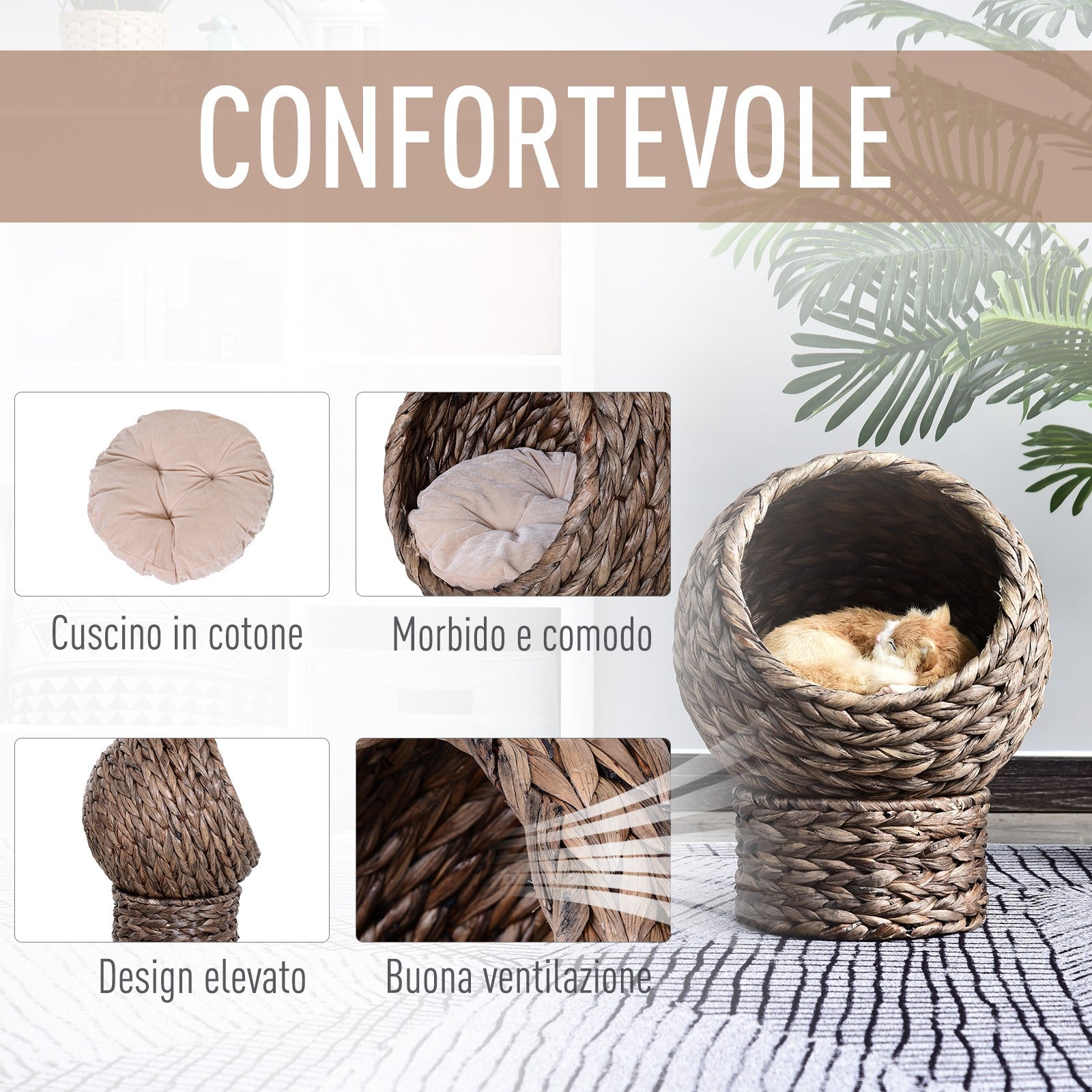 Easycomfort Cuccia per Gatti Rialzata con Cuscino, Casetta Naturale con Foglie di Banana, Beige e Marrone, 42x33x52cm