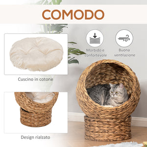 Easycomfort Cuccia Rialzata per Gatti in Vimini, con Cuscino in Cotone, Marrone e Bianco, 42 x 33 x 52cm