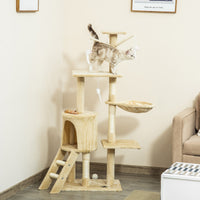 Easycomfort Albero Tiragraffi per Gatti con 4 Giocattoli e Cuccia in Legno e Sisal Naturale, 50x35x134.2 cm, Beige