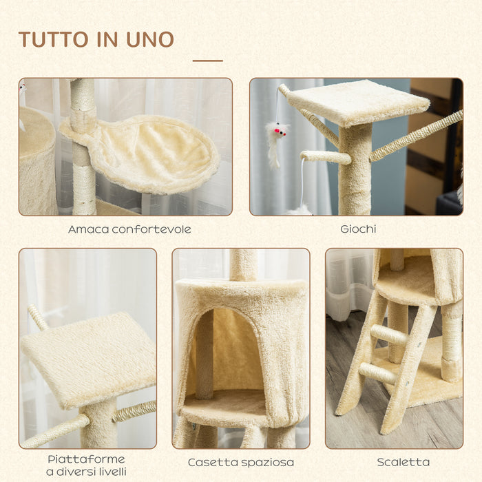 Easycomfort Albero Tiragraffi per Gatti con 4 Giocattoli e Cuccia in Legno e Sisal Naturale, 50x35x134.2 cm, Beige