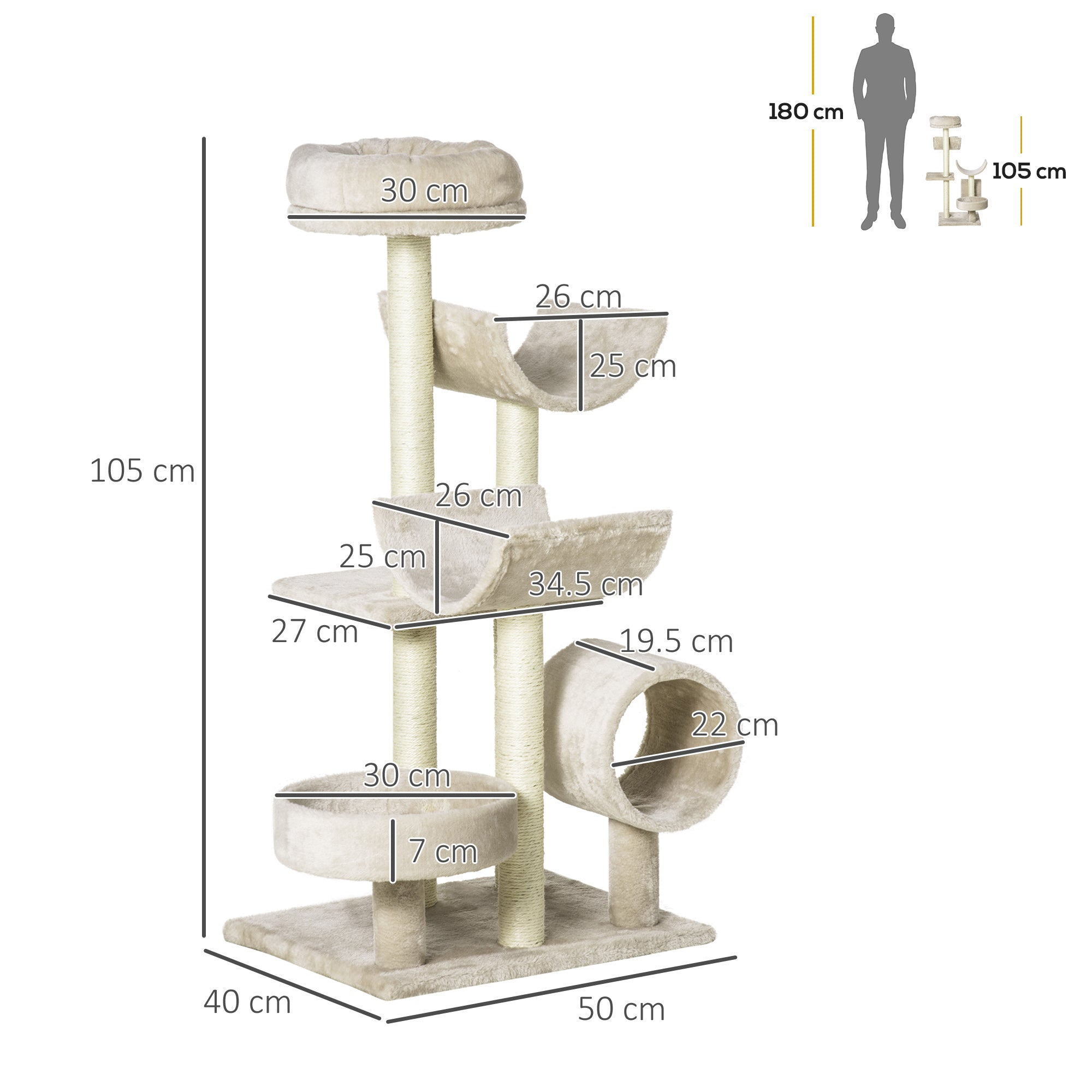 Easycomfort Albero Tiragraffi Gioco Giocattolo per Gatti con Diverse Piattaforme in Sisal Naturale Altezza 105cm Crema