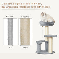 Easycomfort Albero Tiragraffi per Gatti Giocattolo a 3 Livelli con Piattaforme in Peluche Sisal Naturale Grigio ?40x65cm