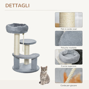 Easycomfort Albero Tiragraffi per Gatti Giocattolo a 3 Livelli con Piattaforme in Peluche Sisal Naturale Grigio ?40x65cm