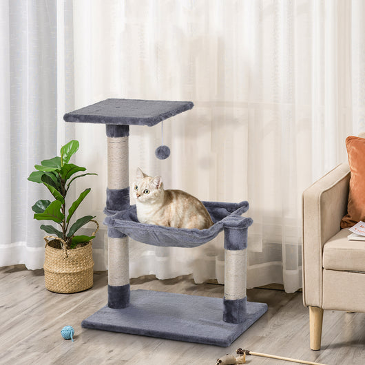 Easycomfort Tiragraffi per Gatti Multilivello con Amaca e Pallina, Legno e Peluche, 50x36x70cm, Grigio