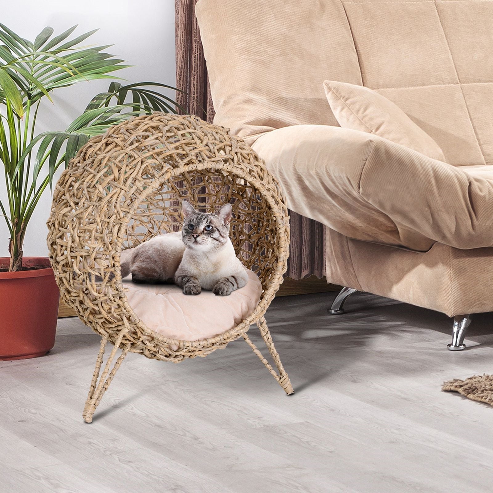 Easycomfort Cesta Rialzata per Gatti Fino a 10kg, Cuccia per Animali Domestici in Rattan PE Color Legno (?52x58cm)