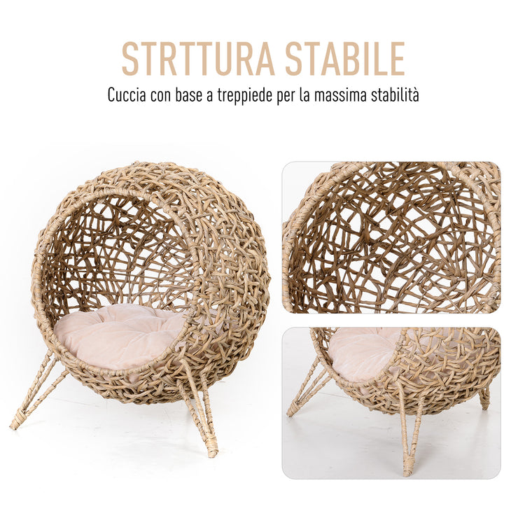 Easycomfort Cesta Rialzata per Gatti Fino a 10kg, Cuccia per Animali Domestici in Rattan PE Color Legno (?52x58cm)