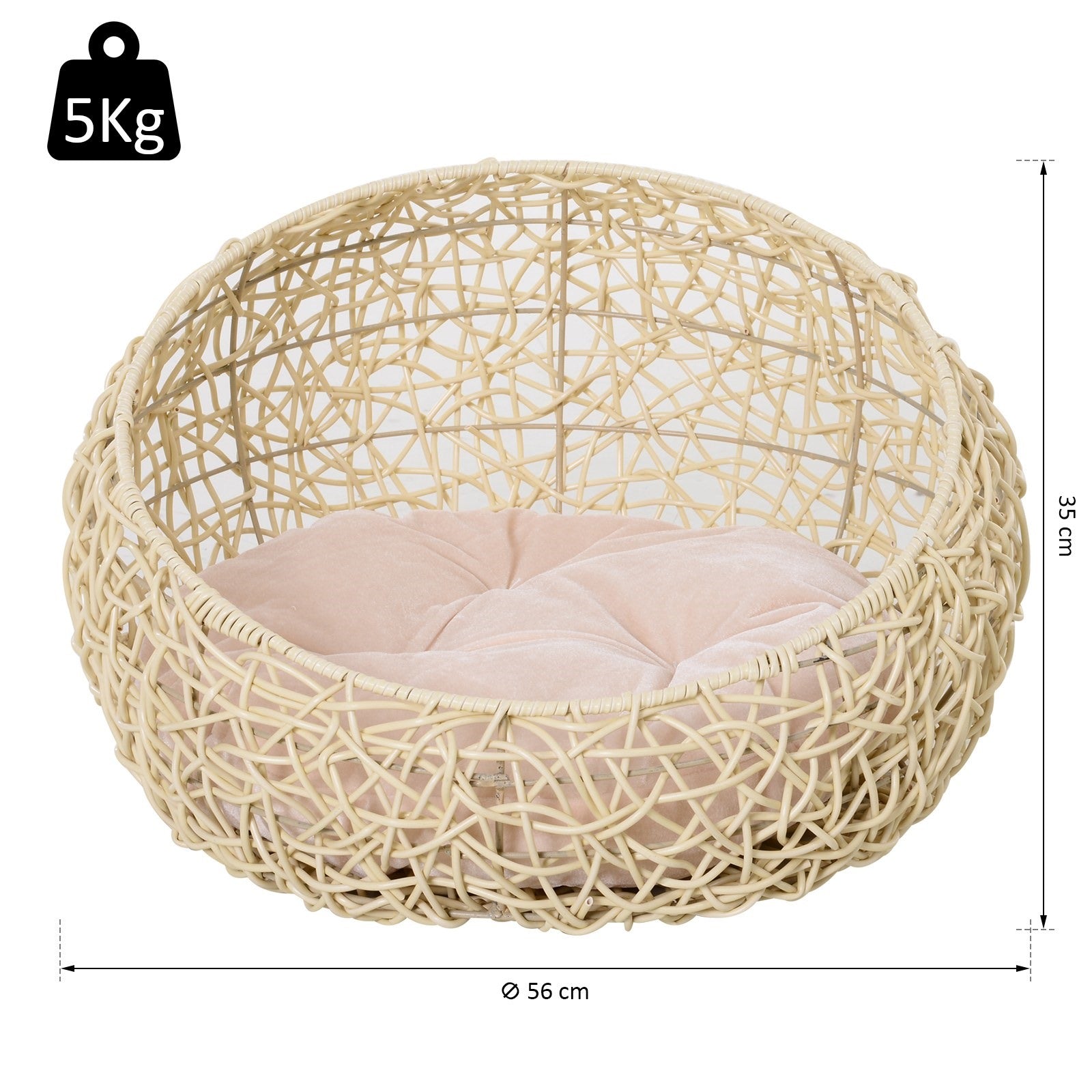 Easycomfort Cuccia per Gatti e Animali Domestici, Cesta in Rattan Beige con Cuscino in Cotone (?56 x 35 A cm)