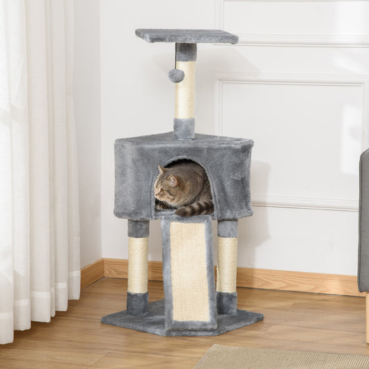 Easycomfort Tiragraffi ad Albero per Gatti fino 5 Kg, Rivestimento Corda Sisal e Peluche, con Cuccia, Grigio, 40x40x98cm